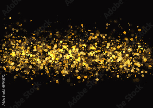Gold glitter texture. Irregular confetti border on a black background. Christmas or party flyer design element. Vector illustration.