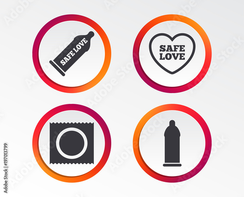 Safe sex love icons. Condom in package symbol. Fertilization or insemination. Heart sign. Infographic design buttons. Circle templates. Vector