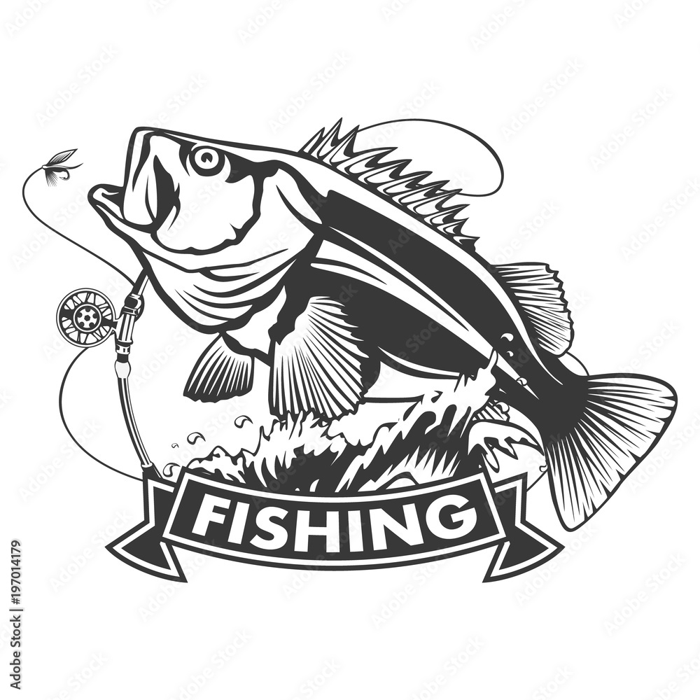 Fishing logo.Rock fish. Bass fish with rod club emblem. Fishing