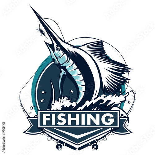 Marlin fish logo.Sword fishing emblem for sport club. Angry fish background theme llustration.