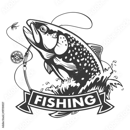Rainbow trout jumping out water.Salmon isolated on white background. Concept art for horoscope, tattoo or colouring book.
