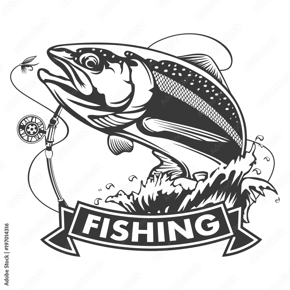Salmon fish.Vintage Salmon Fishing emblems, labels and design elements.  illustration. Stock Vector
