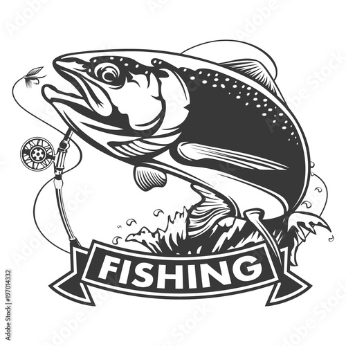 Salmon fish.Vintage Salmon Fishing emblems, labels and design elements. illustration.
