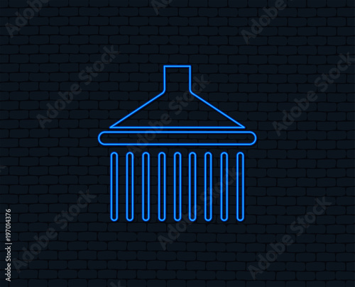 Neon light. Shower sign icon. Douche with water drops symbol. Glowing graphic design. Brick wall. Vector
