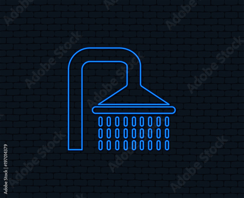 Neon light. Shower sign icon. Douche with water drops symbol. Glowing graphic design. Brick wall. Vector