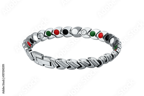 Beautifully designer handcrafted bracelet with silver and golden combination and decorated with red and green dots