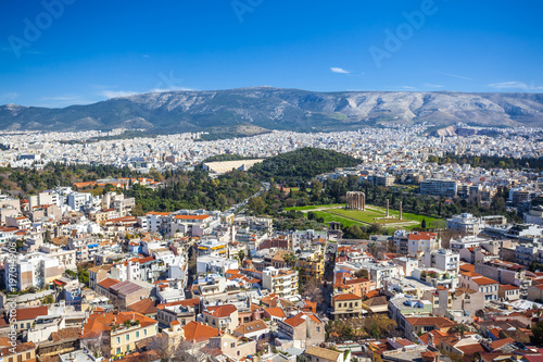 View of Athesn from Acropolis hill on sunny day, Temple of Olympian Zeus