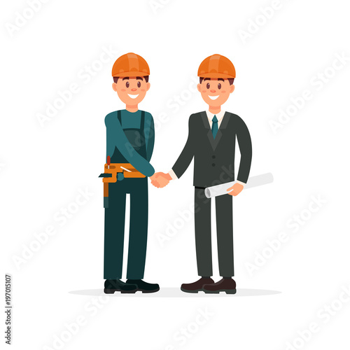 Construction engineer or architect and foreman in hardhats shaking hands vector Illustration on a white background