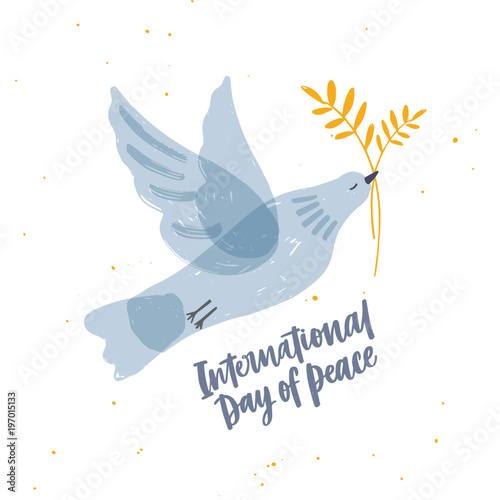 Cute gray translucent dove, pigeon or bird flying and carrying olive branch and International Day of Peace lettering