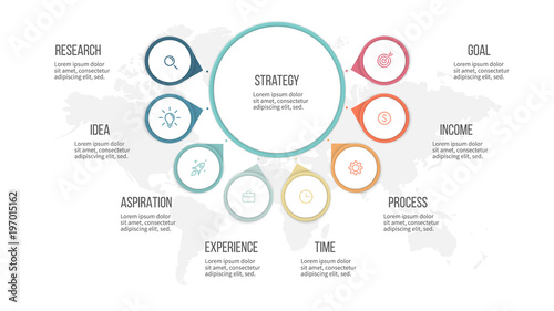 Business infographic. Organization chart with 8 options. Vector template.