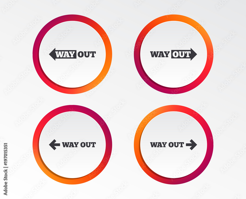 Way out icons. Left and right arrows symbols. Direction signs in the subway. Infographic design buttons. Circle templates. Vector Way out icons. Left and right arrows symbols. Direction signs in the subway. Infographic design buttons. Circle templates. Vector