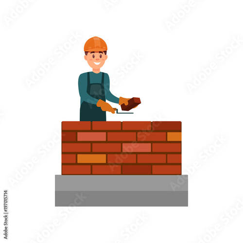 Construction worker bricklayer making a brickwork with trowel and cement mortar vector Illustration on a white background