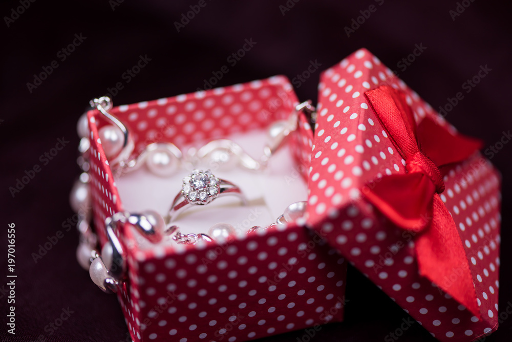 Colorful red gift box with ring - valentine gift Colorful red gift box with ring - valentine gift