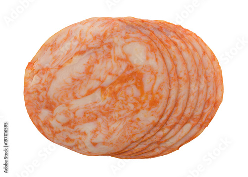 Top view of several slices of buffalo style chicken breast luncheon meat isolated on a white background.