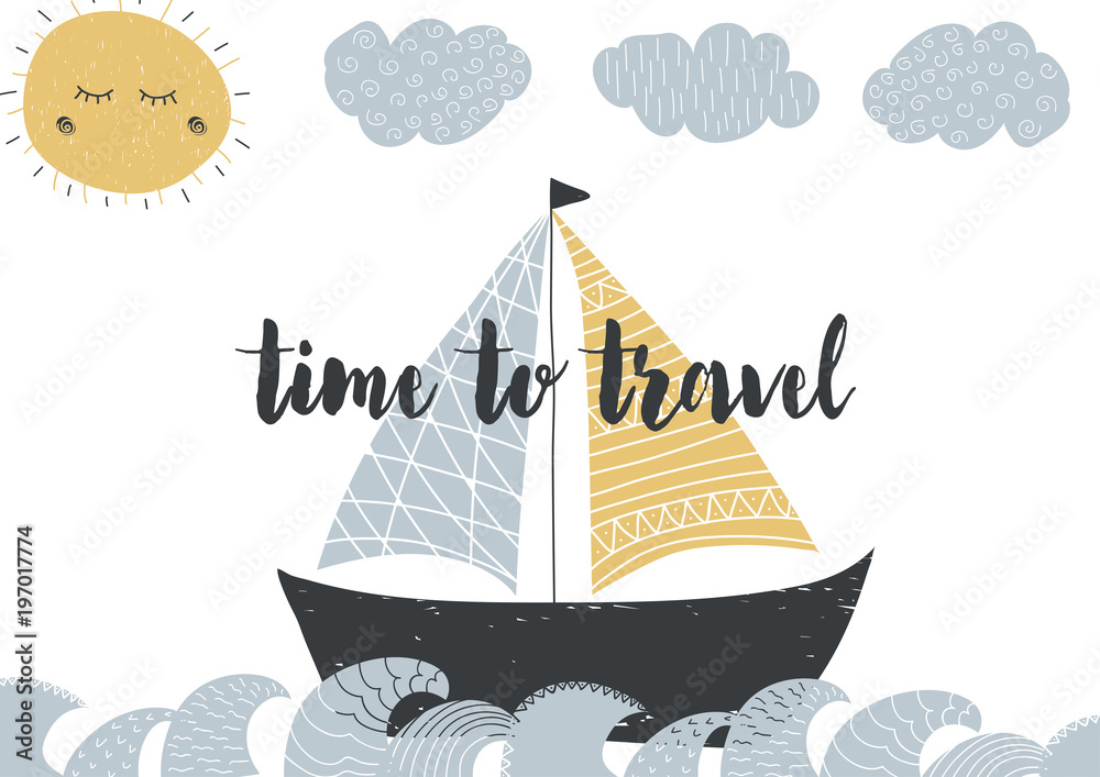 Φωτογραφία Cute illustration with a sea view and the sun in the style of hand drawn