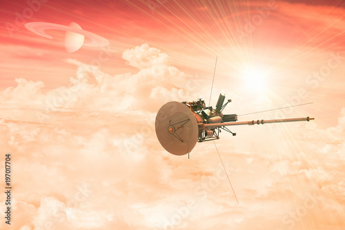 Fototapeta Naklejka Na Ścianę i Meble -  3D rendering of an unmanned spacecraft entering the atmosphere of a distant planet