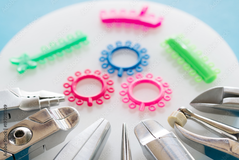 Orthodontic appliance tools set in the clinic for dentist to work. Orthodontic appliance tools set in the clinic for dentist to work.