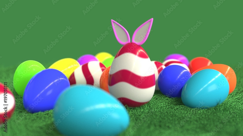 Bunny ears eggs on the grass, 3d rendering