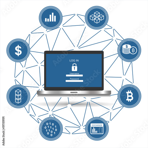 Block chain Security concept. Laptop with security protection and icons for web. Internet security.