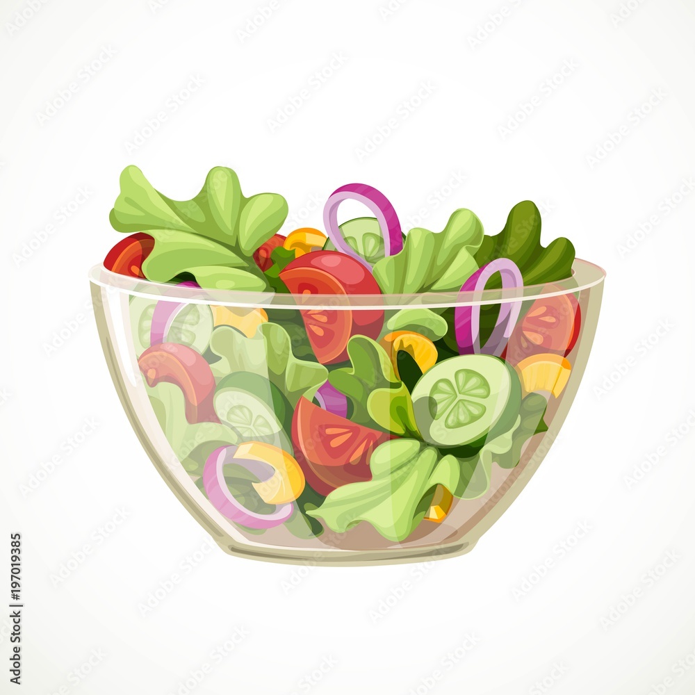 Green salad of fresh vegetables in a transparent salad bowl object isolated  on a white background Stock Vector