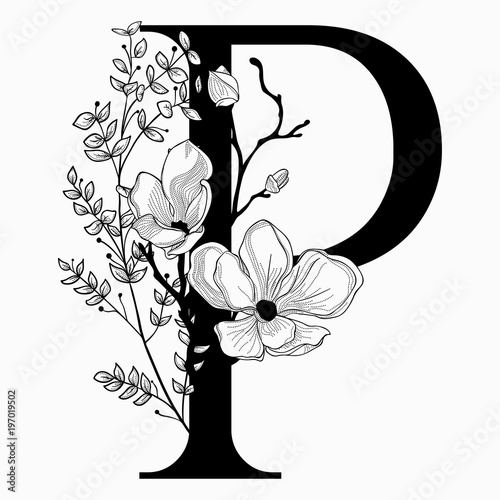Vector Hand Drawn floral uppercase P monogram and logo