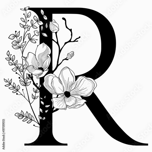 Vector Hand Drawn floral uppercase R monogram and logo
