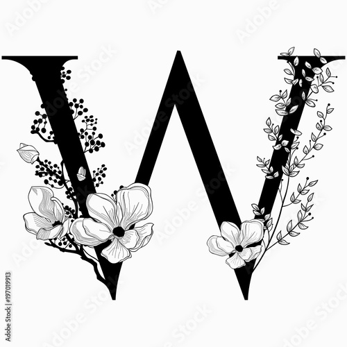 Vector Hand Drawn floral uppercase W monogram and logo