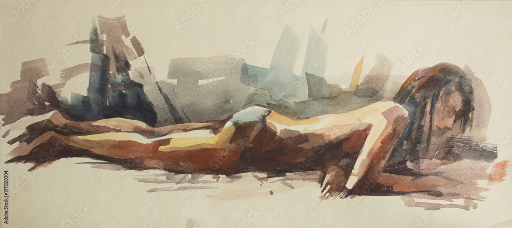 Watercolor sketches from the nudist beach. Naked girls sunbathe on the sand  by the sea. Drawing paint on paper. Stock Illustration | Adobe Stock