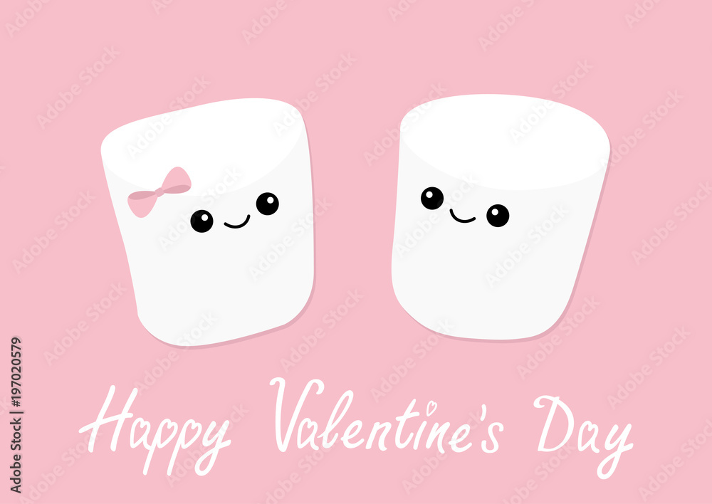 Happy Valentines Day. Marshmallows with eyes and smiles. Funny face. Cute  cartoon character. Love sign symbol. Minimal flat lay design. Marshmallow  couple set. Sweet food. Pink background. Stock Vector | Adobe Stock