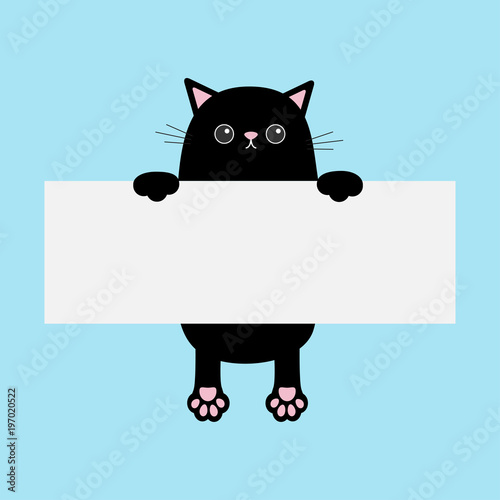 Black funny cat hanging on paper board template. Kitten body with paw print. Cute cartoon character. Kawaii animal. Baby card. Pet collection. Flat design style. Blue background Isolated