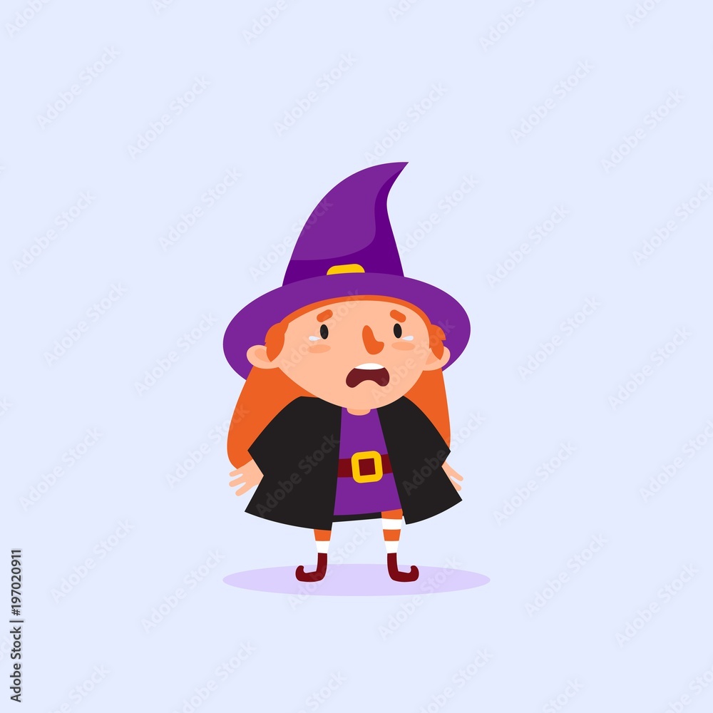Halloween Witch cries Funny character Girl in witch costume Isolated object Vector illustration Halloween Witch cries Funny character Girl in witch costume Isolated object Vector illustration