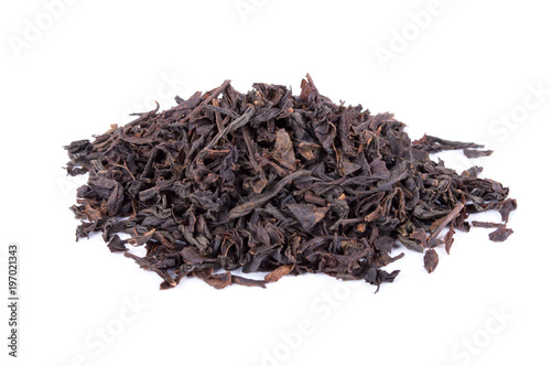 Black tea dried leaves isolated on white background