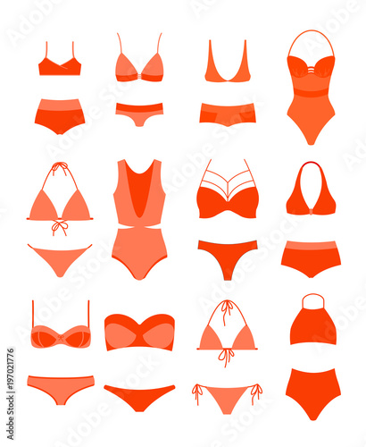 Vector illustration of woman summer bikini set. Female underwear, women s swimming suits in different design types, red color bikini collection.