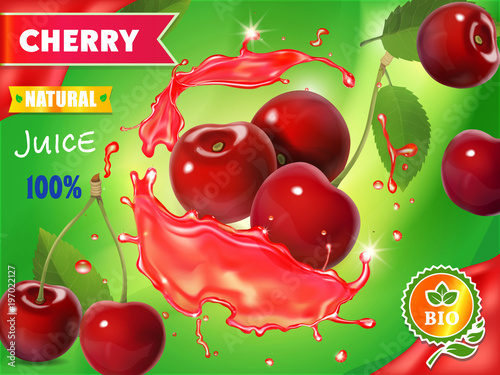 Cherry fresh juice advertising. 3d realistic vector package design