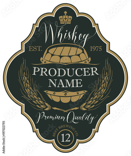 Vector label for whiskey in the figured frame with crown, ears of barley, wooden barrel and handwritten inscription on black background in retro style