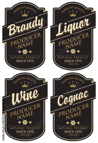 Vector set of four labels for various alcoholic beverages in the figured frame with crown and inscription on black background in retro styl