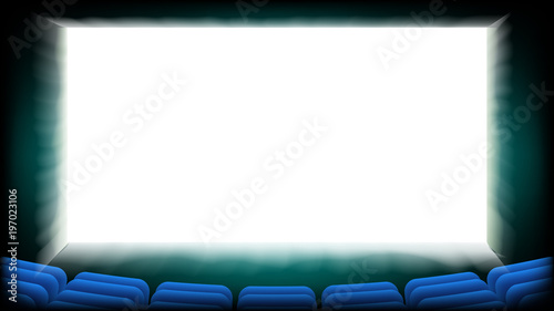 Screen Movie Cinema Vector. Cinema Hall With Blue Seats. Illustration