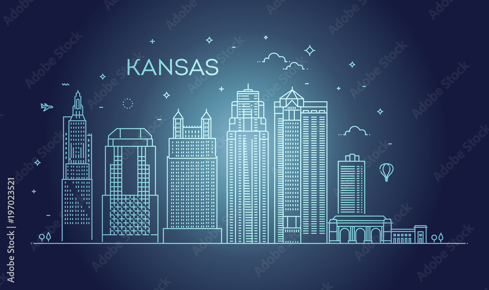 Minimal Kansas Linear City Skyline with Typographic Design