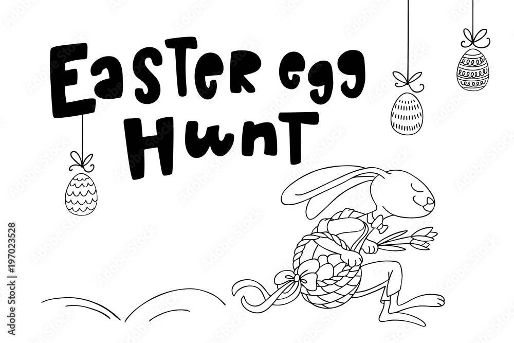 Easter rabbit is jumping with flowers and basket full of decorated eggs, and handwritten text Easter Egg Hunt