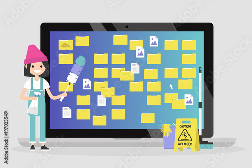 Young caucasian female character cleaning up the desktop folders. Computer files. Mess. Conceptual vector illustration, clip art