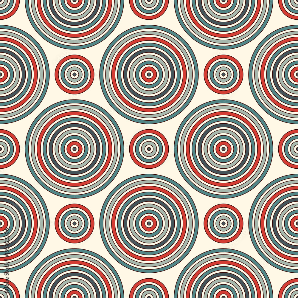 Repeated circles ornamental wallpaper. Seamless pattern with pastel colors round vortexes.