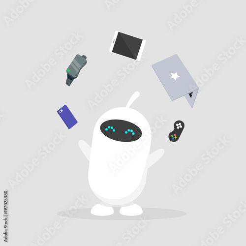 Cute white robot juggling the electronic devices: mobile phone, virtual reality glasses, tablet, laptop and game controller. Multitasking / editable flat vector illustration