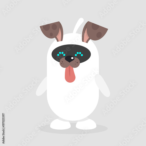 Funny mobile app. Cute robot applying a Dog muzzle filter. Flat editable vector illustration, clip art