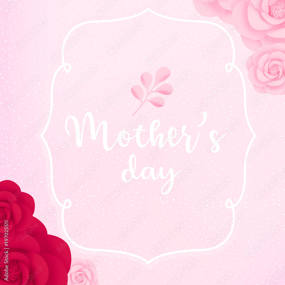 Vector Mother’s Day holiday template with white vintage frame, red and pink painted flowers