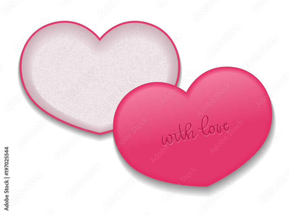 Heart shaped packaging for cosmetic products. Vector isolated template with inscription.