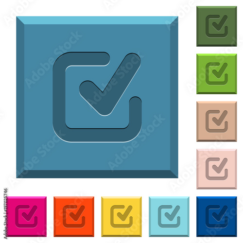 Checkmark engraved icons on edged square buttons