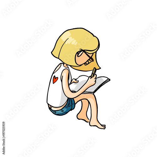 Cartoon girl drawing in sketchbook. Vector isolated hand drawn character.