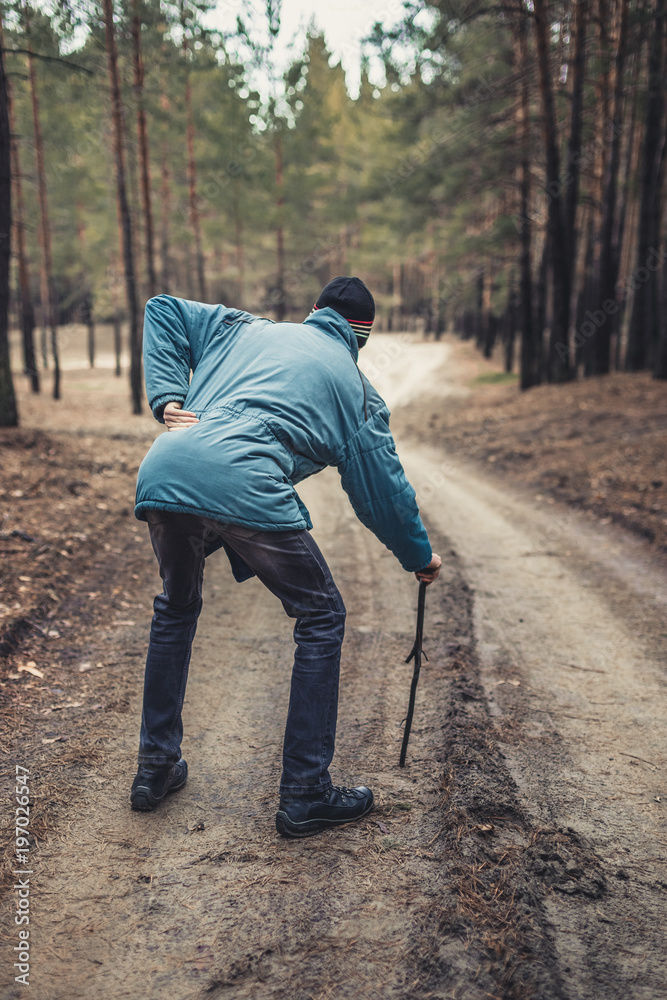 An elderly man walking along a road in a pine forest An elderly man walking along a road in a pine forest