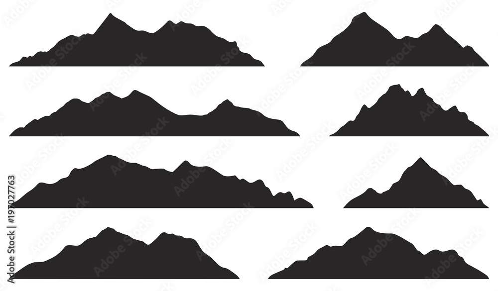 Obraz premium Sylwetki gór na białym tle. Wektor zestaw elementów projektu na zewnątrz.
