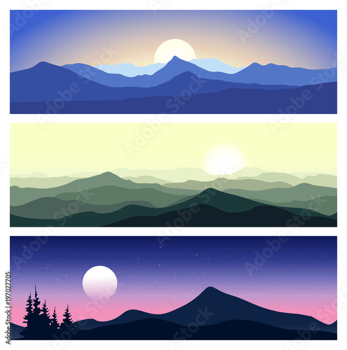 Fototapeta Naklejka Na Ścianę i Meble -  Beautiful mountain landscapes in different colors. Set of vector nature backgrounds. Outdoor vector illustration